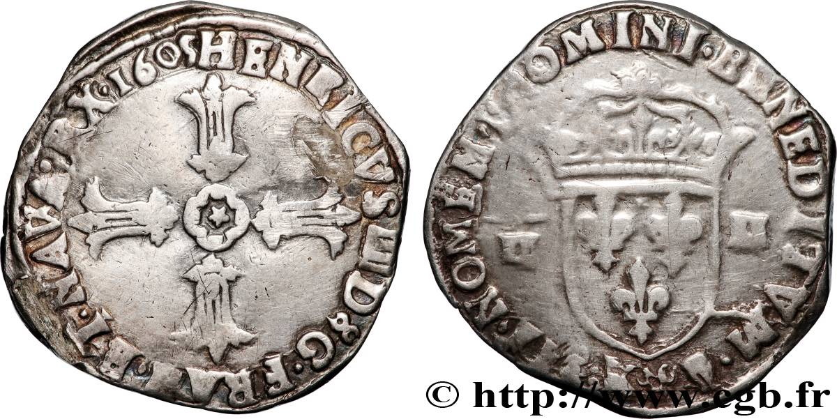 HENRI IV LE GRAND Quart d&nbsp;écu, croix feuillue de face 1605 Bordeaux TB+