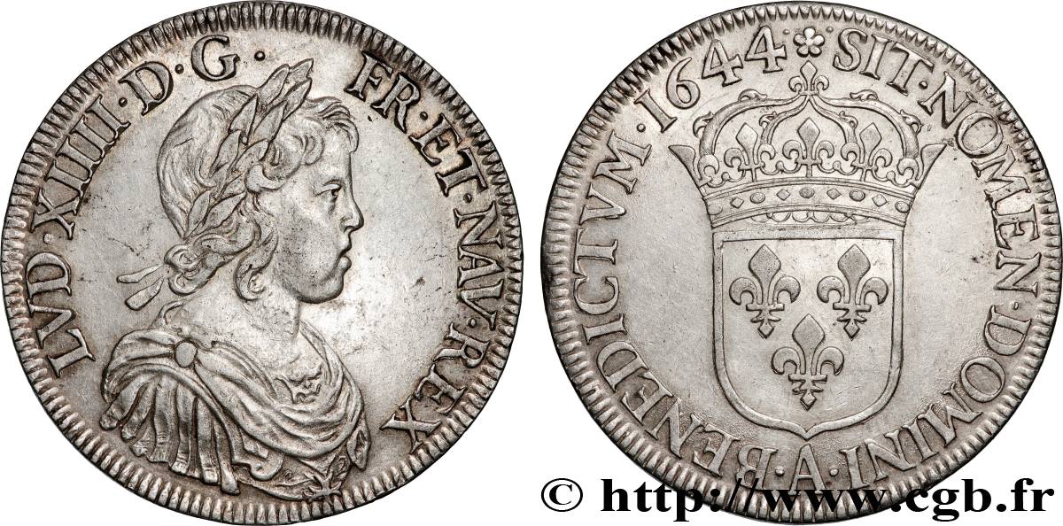 LOUIS XIV LE GRAND OU LE ROI SOLEIL Écu, portrait à la mèche courte 1644 Paris, Monnaie de Matignon SUP
