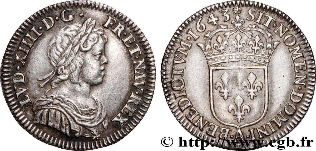 LOUIS XIV  THE SUN KING  Douzième d écu, portrait à la mèche courte 1643 Paris, Monnaie de Matignon AU