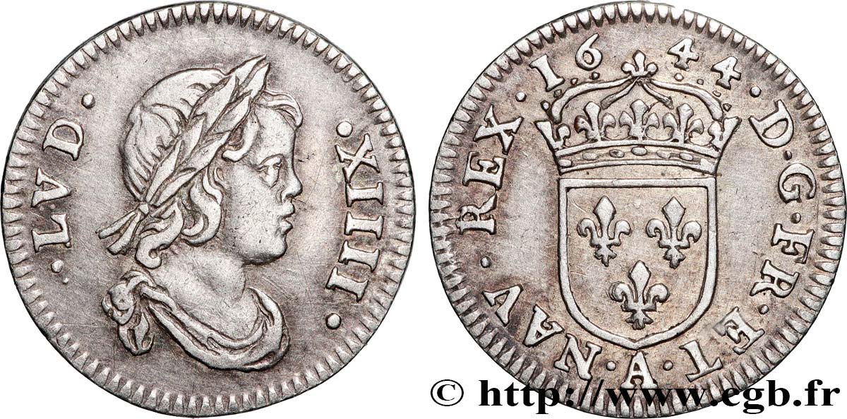 LOUIS XIV LE GRAND OU LE ROI SOLEIL Vingt-quatrième d écu à la mèche courte 1644 Paris, Monnaie du Louvre TTB+