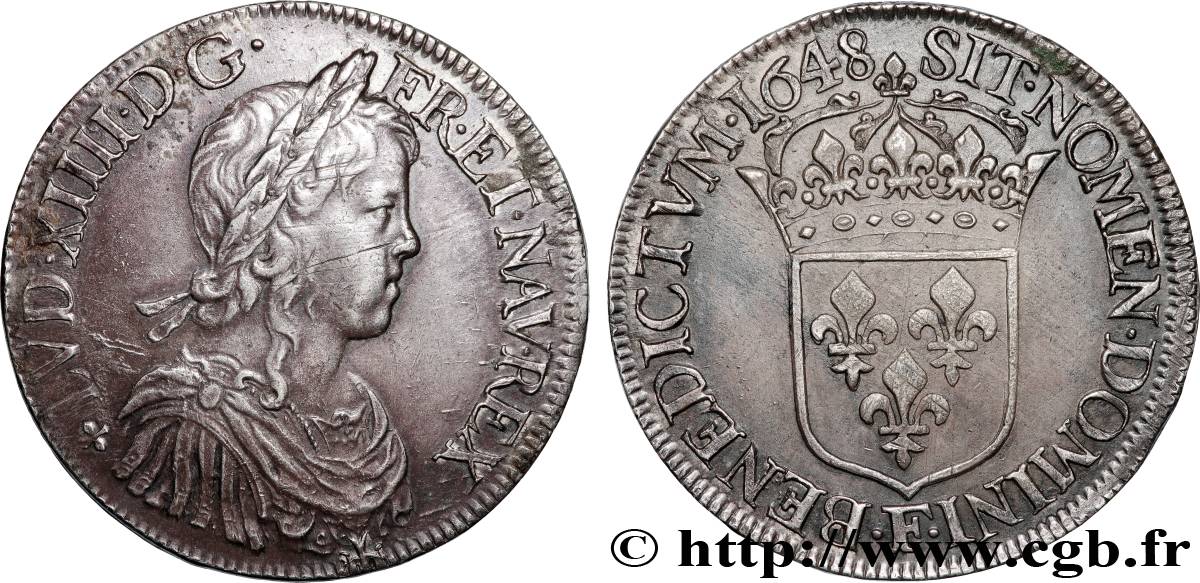 LOUIS XIV  THE SUN KING  Écu, portrait à la mèche longue 1648 Angers q.SPL/SPL