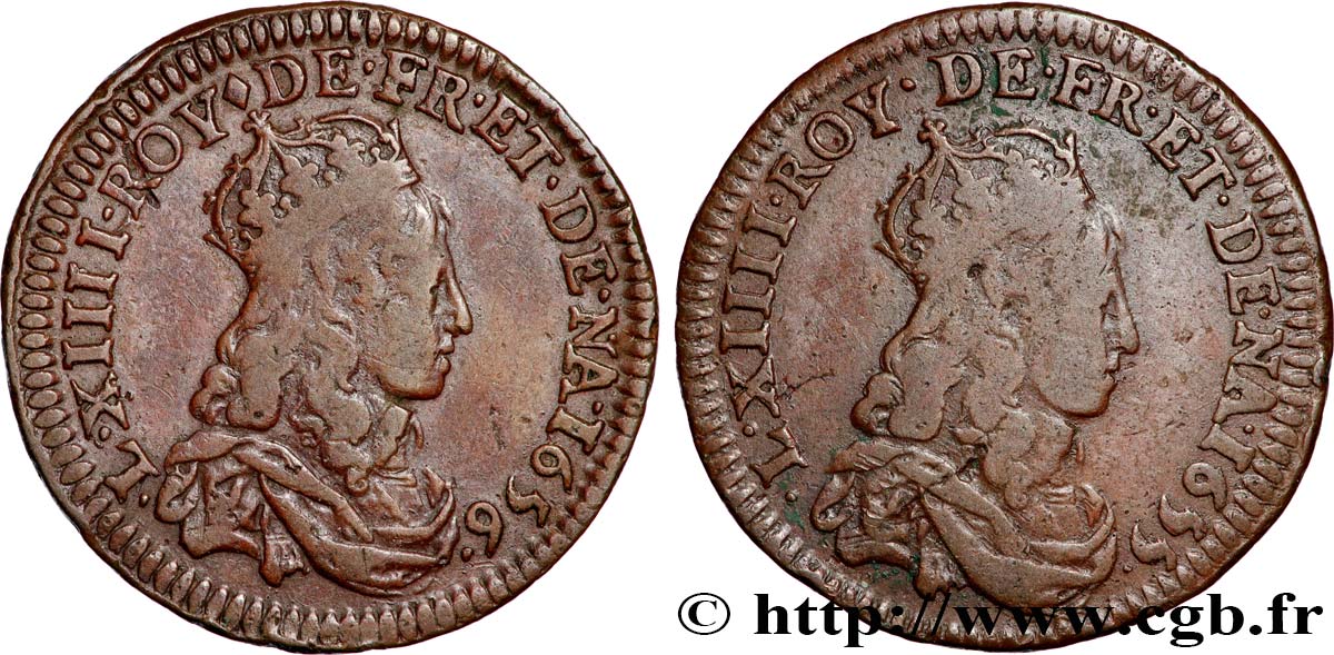 LOUIS XIV  THE SUN KING  Double avers du liard de cuivre 1655 et 1656 1656 Atelier indéterminé XF