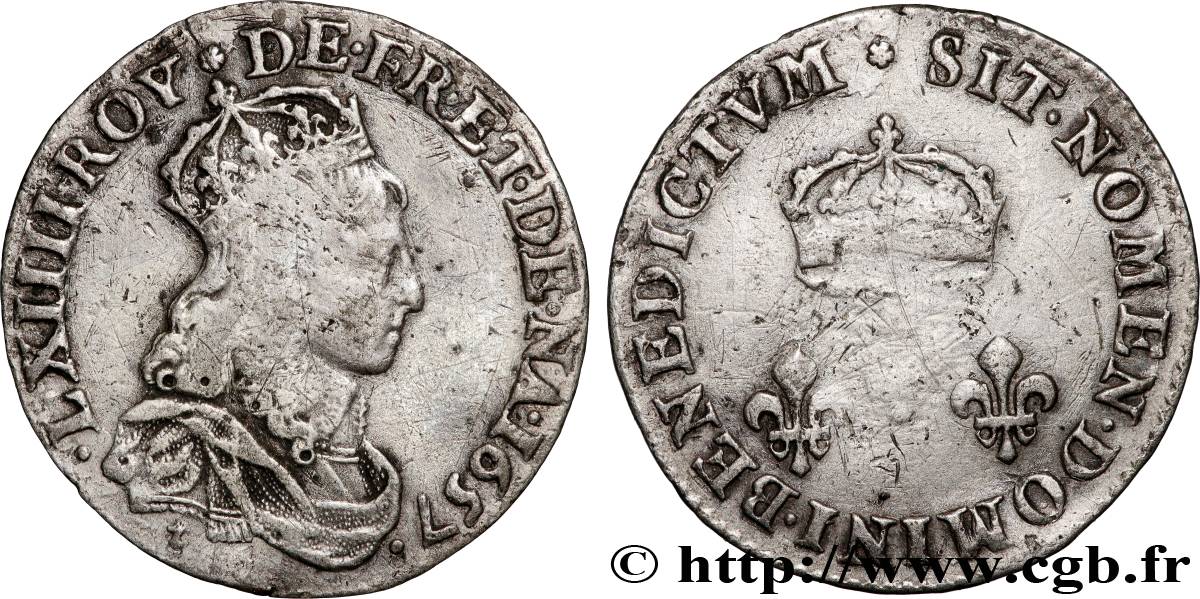 LOUIS XIV  THE SUN KING  Essai en argent du liard de cuivre au trois lis couronnés 1657 Paris XF