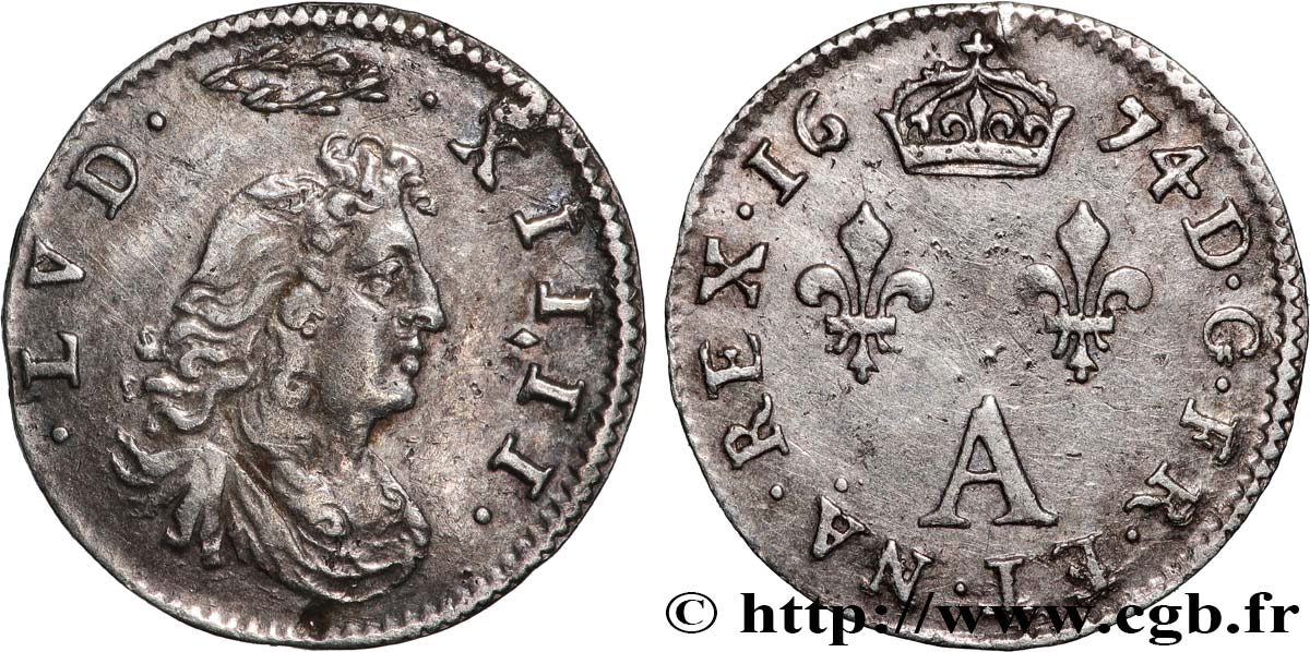 LOUIS XIV  THE SUN KING  Deux sols aux deux lis sous couronne 1674 Paris AU