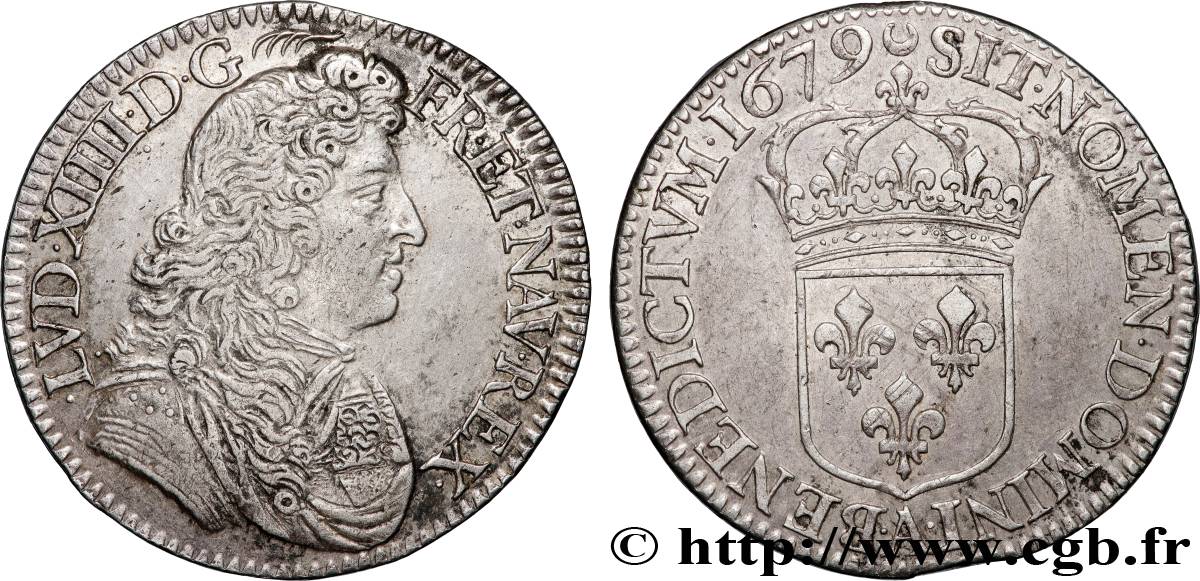 LOUIS XIV  THE SUN KING  Demi-écu, portrait à la cravate courte 1679 Paris AU