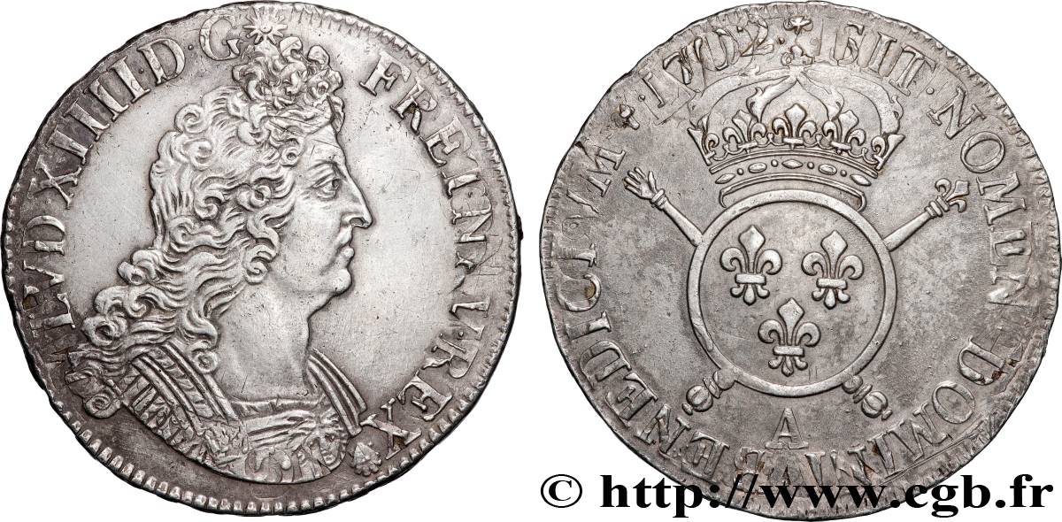 LOUIS XIV LE GRAND OU LE ROI SOLEIL Écu aux insignes 1702 Paris SUP/TTB+