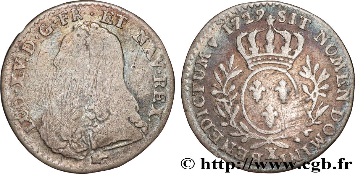 LOUIS XV DIT LE BIEN AIMÉ Dixième d’écu aux branches d’olivier, buste habillé 1729 Amiens TB