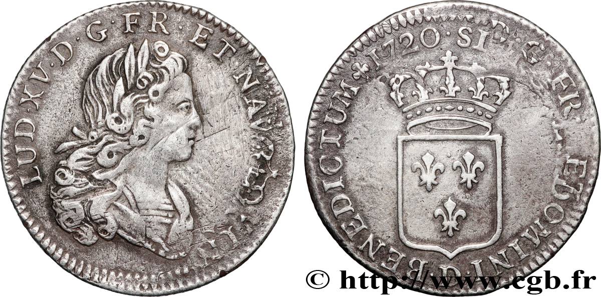 LOUIS XV  THE WELL-BELOVED  Tiers d écu de France au portrait du petit louis 1720 Lyon VF/XF