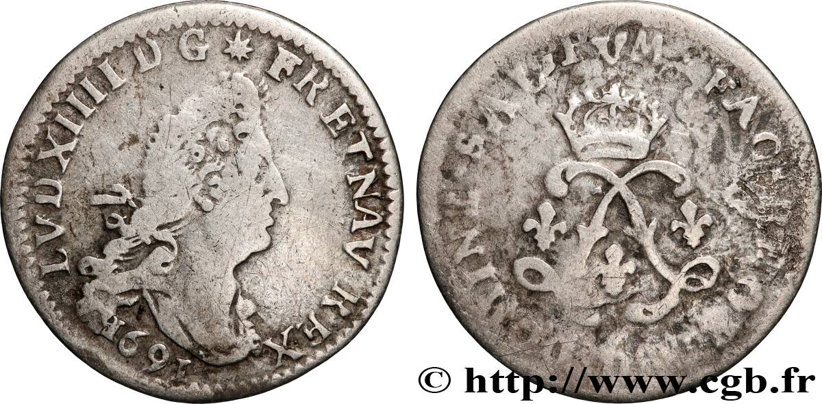LOUIS XIV LE GRAND OU LE ROI SOLEIL Quatre sols aux deux L 1691 Lyon TB/B+