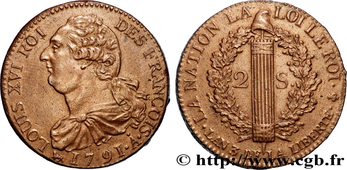 LOUIS XVI (MONARQUE CONSTITUTIONNEL)  2 sols dit  au faisceau , type FRANÇOIS 1791 Paris SUP