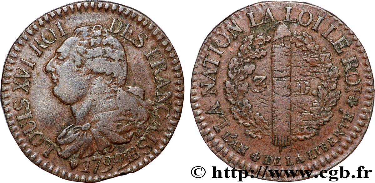 LOUIS XVI (MONARQUE CONSTITUTIONNEL)  3 deniers dit  au faisceau , légende FRANÇAIS 1792 Strasbourg TTB