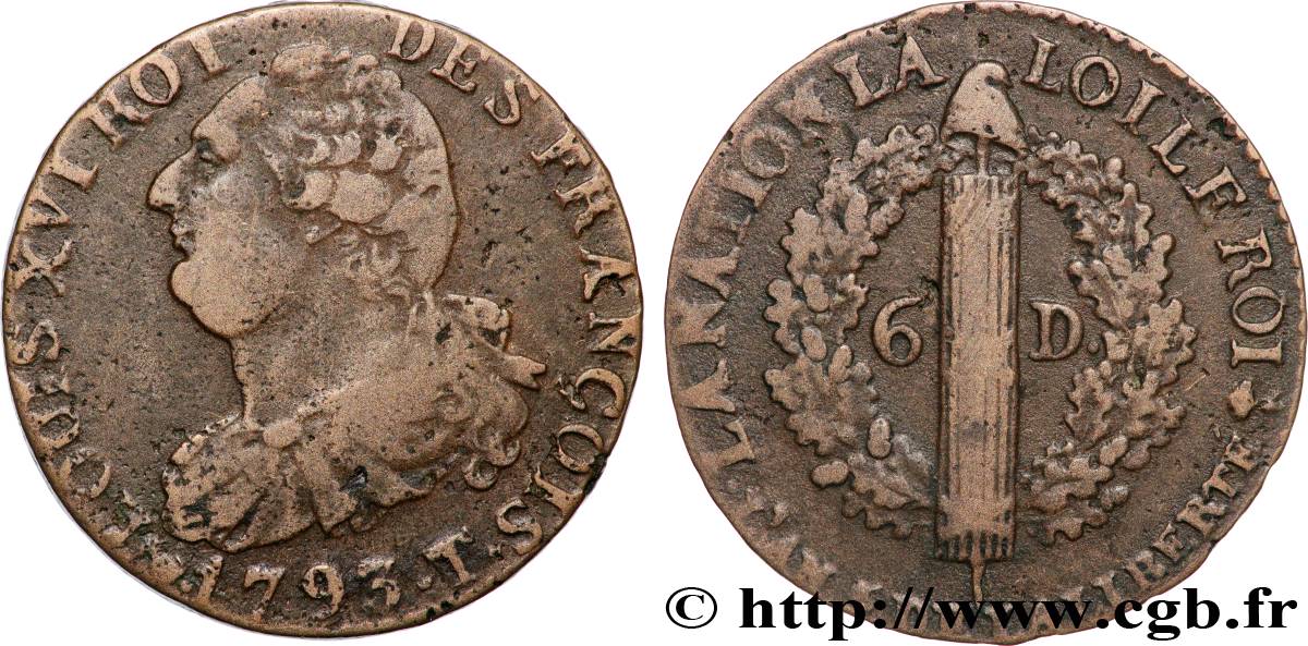 LA CONVENTION 6 deniers dit  au faisceau , type FRANÇOIS 1793 Nantes TTB