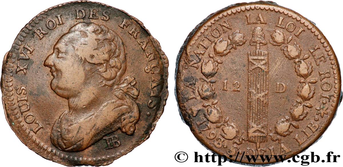 LOUIS XVI 12 deniers dit  au faisceau , type FRANÇAIS 1793 Strasbourg VF/XF