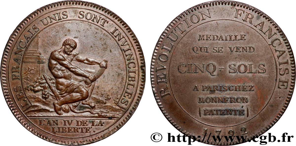 REVOLUTION COINAGE Monneron de 5 sols à l Hercule 1792  EBC