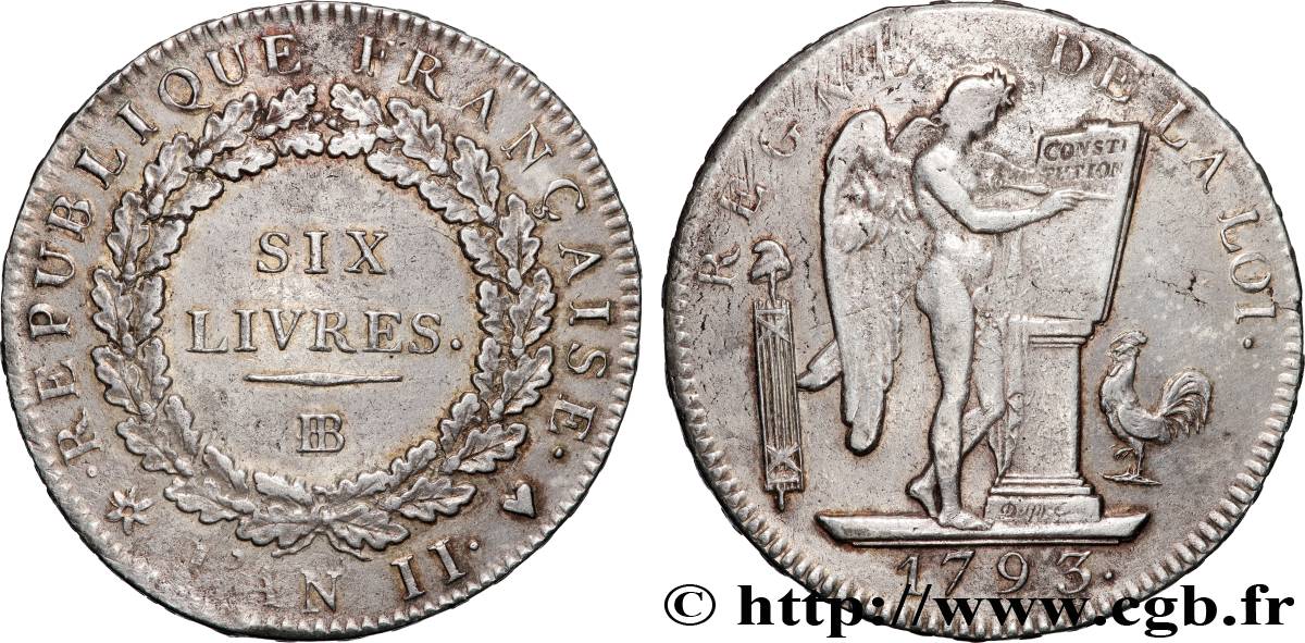 LA CONVENTION Six livres dit  au génie , légende FRANÇAISE 1793 Strasbourg TTB+/TB+