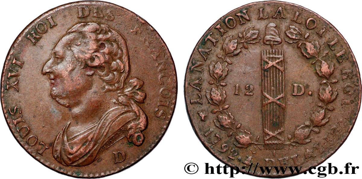 LOUIS XVI (MONARQUE CONSTITUTIONNEL)  12 deniers dit  au faisceau , type FRANCOIS 1792 Lyon TTB/TTB+