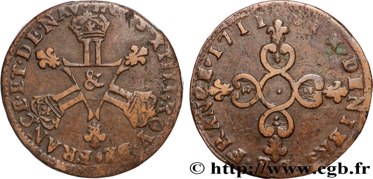 LOUIS XIV LE GRAND OU LE ROI SOLEIL Pièce de six deniers 1711 Aix-en-Provence TTB