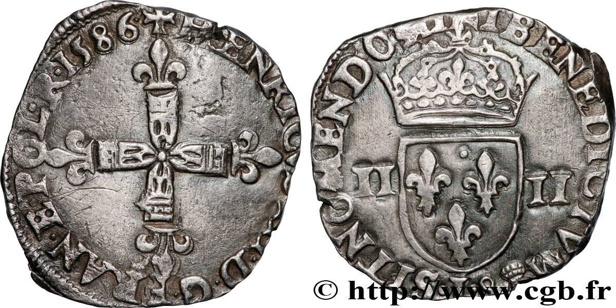 HENRY III Quart d écu, croix de face 1586 Bayonne XF