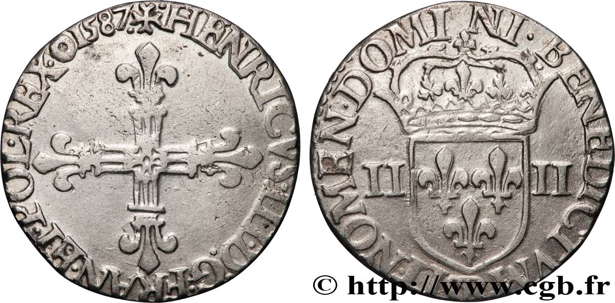 HENRY III Quart d écu, croix de face 1587 Rouen XF