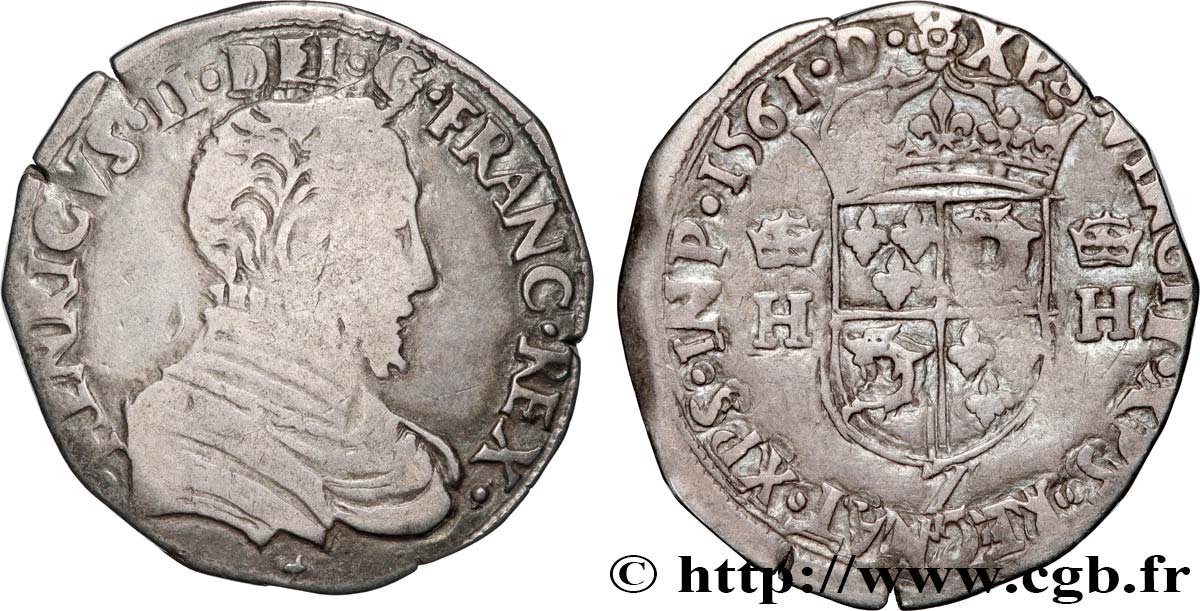 CHARLES IX. COINAGE AT THE NAME OF HENRY II Teston du Dauphiné à la tête nue 1561 Grenoble VF/VF