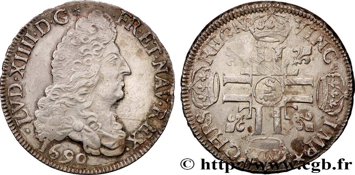LOUIS XIV  THE SUN KING  Demi-écu aux huit L, 1er type 1690 Troyes XF/AU