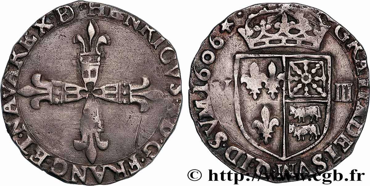 HENRI IV LE GRAND Huitième d écu de Béarn 1606 Morlaàs TB+