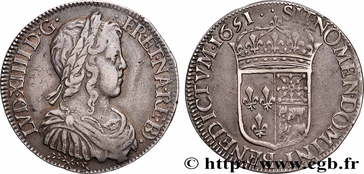 LOUIS XIV LE GRAND OU LE ROI SOLEIL Demi-écu de Béarn, portait à la mèche longue 1651 Pau TTB/TTB+