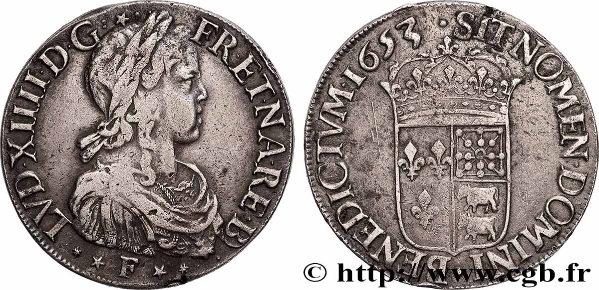 LOUIS XIV LE GRAND OU LE ROI SOLEIL Écu de Béarn, portrait à la mèche longue 1653 Pau TB+/TTB