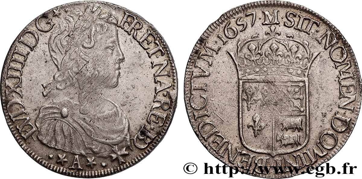 LOUIS XIV LE GRAND OU LE ROI SOLEIL Écu de Béarn, portrait à la mèche longue 1657 Morlaàs TTB+