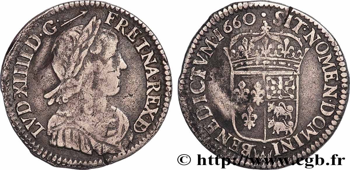 LOUIS XIV LE GRAND OU LE ROI SOLEIL Douzième d écu de Béarn, portrait à la mèche longue 1660 Pau TB+/TTB