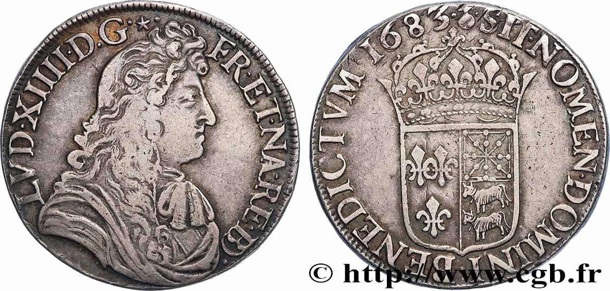 LOUIS XIV LE GRAND OU LE ROI SOLEIL Écu de Béarn, portrait à la cravate courte 1683 Pau TTB