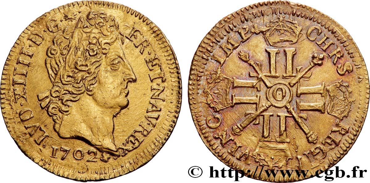 LOUIS XIV  THE SUN KING  Louis d’or aux huit L et aux insignes 1702 Riom AU