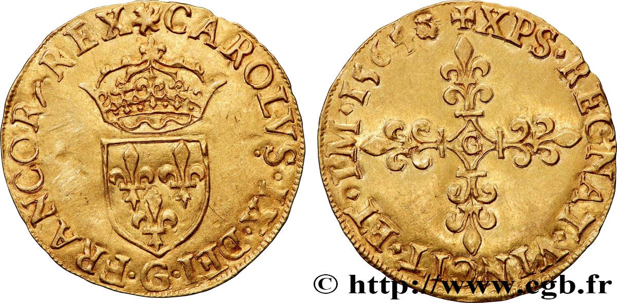CHARLES IX Écu d or au soleil, 1er type 1564 Poitiers q.SPL