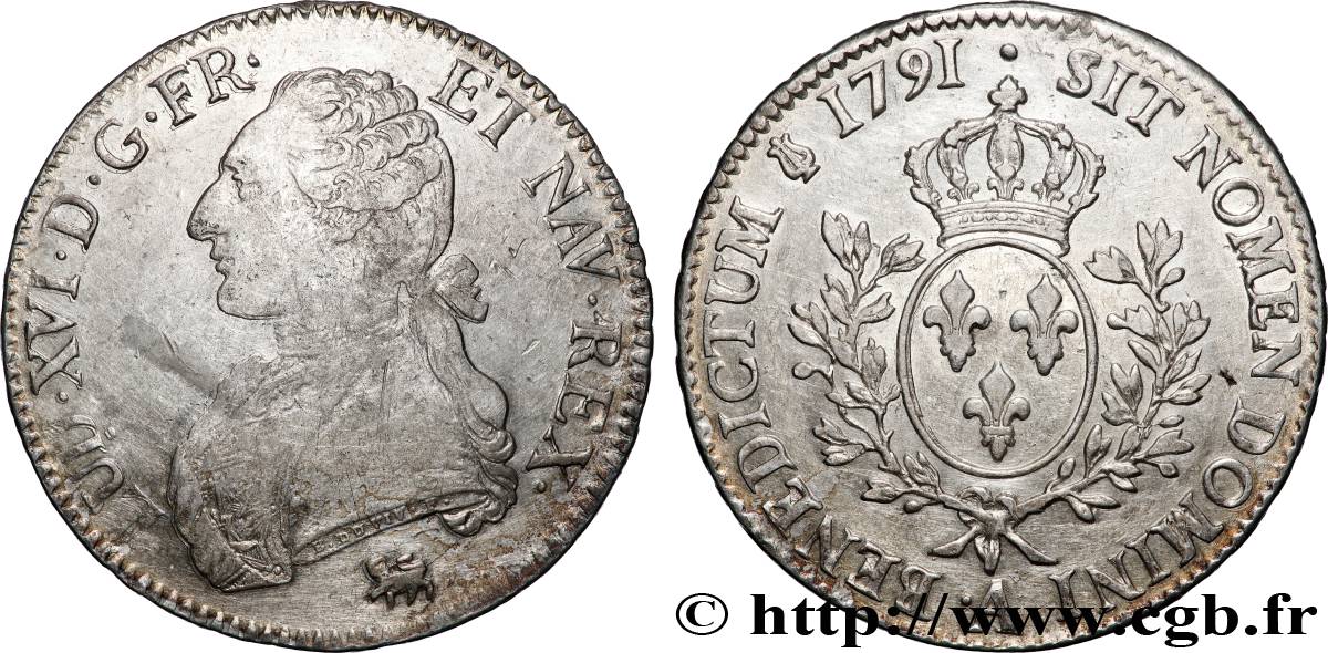 LOUIS XVI Écu aux branches d&nbsp;olivier 1791 Paris MBC