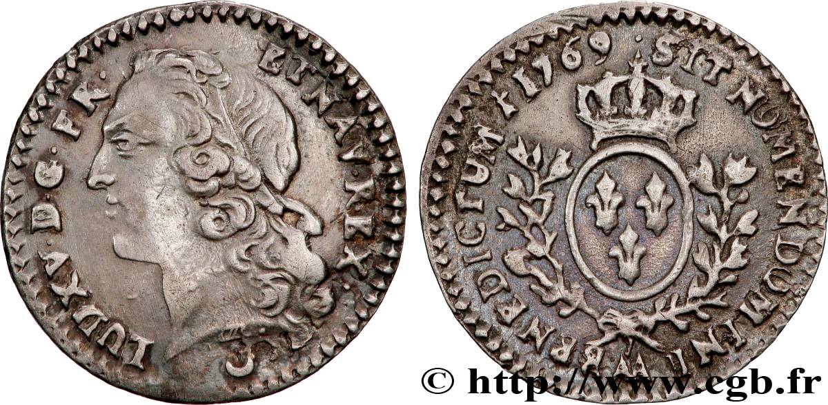 LOUIS XV DIT LE BIEN AIMÉ Vingtième d écu aux branches d’olivier, tête ceinte d’un bandeau 1769  Metz SUP