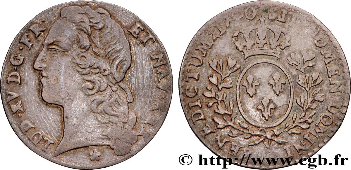 LOUIS XV THE BELOVED Dixième d écu aux branches d’olivier, tête ceinte d’un bandeau 1740 Metz XF