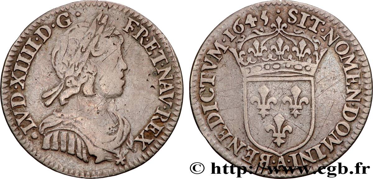 LOUIS XIV  THE SUN KING  Douzième d écu, portrait à la mèche courte 1645 Paris, Monnaie du Louvre VF