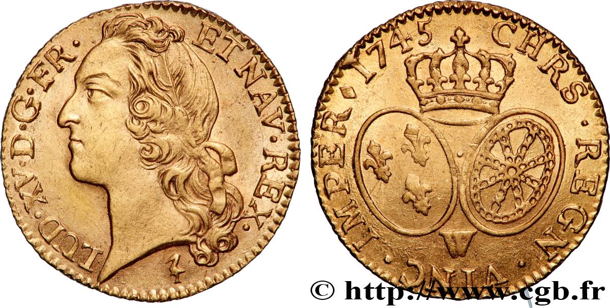 LOUIS XV THE BELOVED Louis d’or aux écus ovales, tête ceinte d’un bandeau 1745 Lille AU