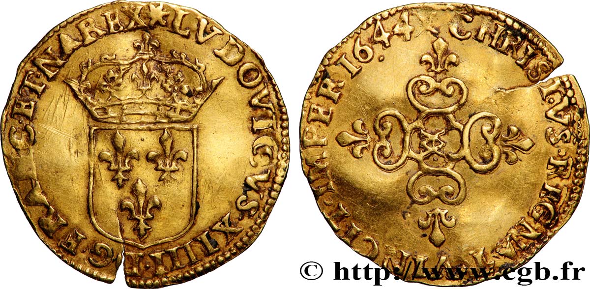 LOUIS XIV  THE SUN KING  Écu d or au soleil, à la croix anillée fleurdelisée 1644 Marseille AU