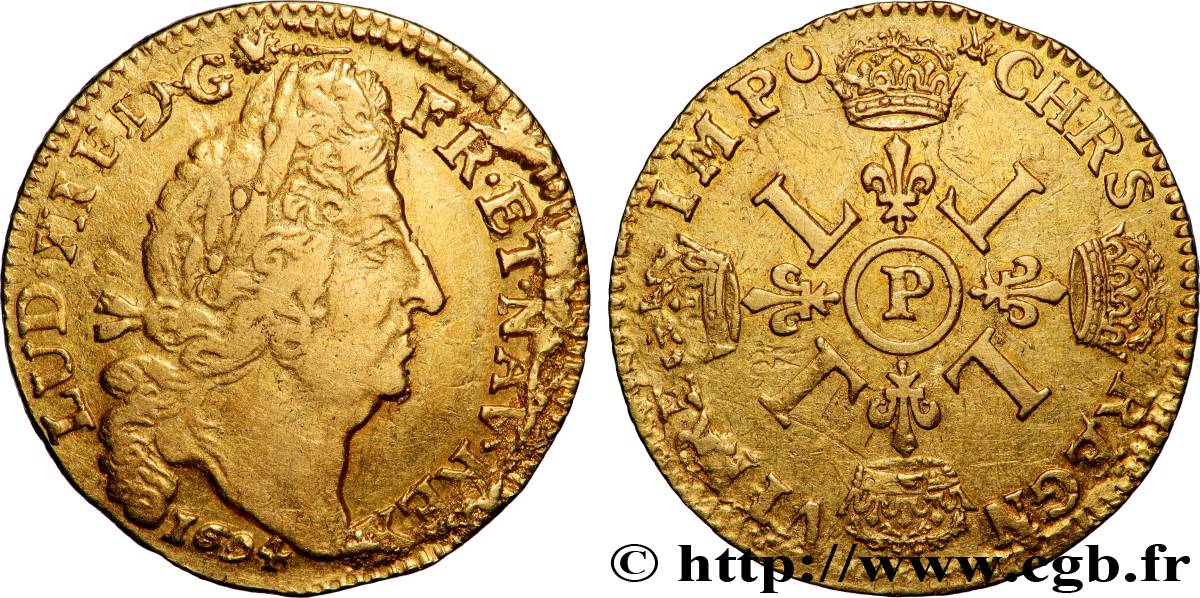 LOUIS XIV  THE SUN KING  Louis d or aux quatre L 1694 Dijon XF