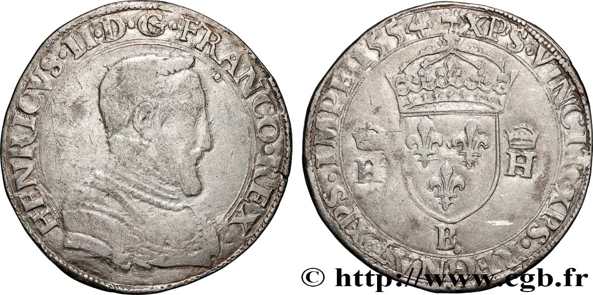 HENRY II Teston à la tête nue, 1er type 1554 Rouen VF/XF