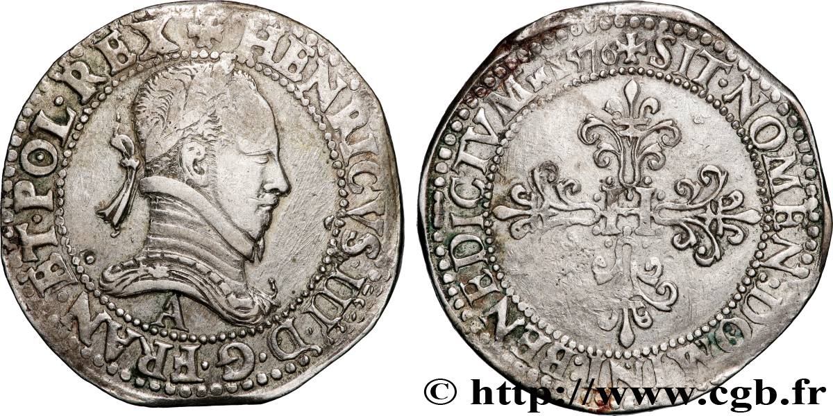 HENRY III Franc au col plat 1576 Paris XF