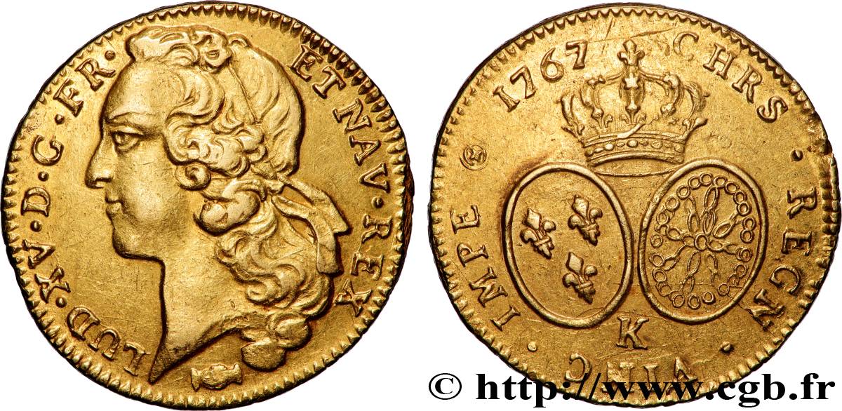 LOUIS XV THE BELOVED Double louis d’or aux écus ovales, tête ceinte d’un bandeau 1767 Bordeaux AU/XF