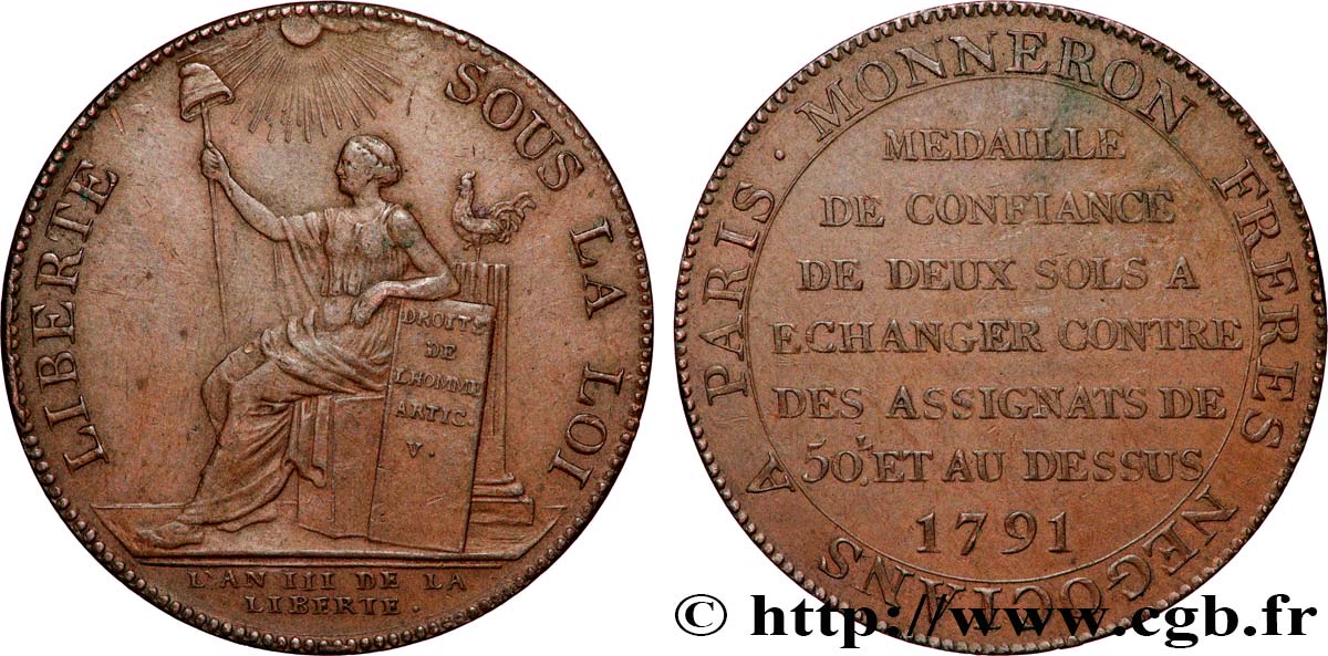 REVOLUTION COINAGE Monneron de 2 sols à la Liberté 1791 Birmingham, Soho fVZ/VZ