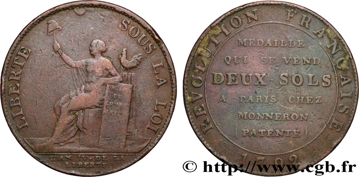 REVOLUTION COINAGE Monneron de 2 sols à la Liberté 1791 Birmingham, Soho S/fSS