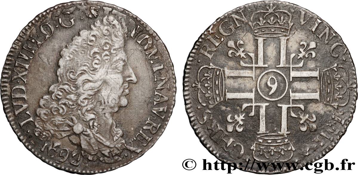 LOUIS XIV LE GRAND OU LE ROI SOLEIL Demi-écu aux huit L, 1er type 1692 Rennes TTB/TB+