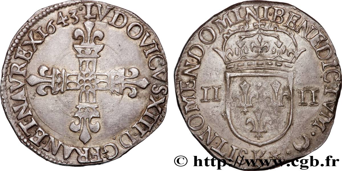 LOUIS XIII LE JUSTE Quart d écu, à la croix fleurdelisée, titulature côté croix 1643 Bordeaux SUP/TTB+