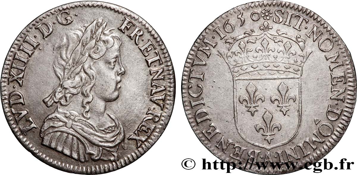 LOUIS XIV  THE SUN KING  Quart d écu, portait à la mèche longue 1650 Paris AU