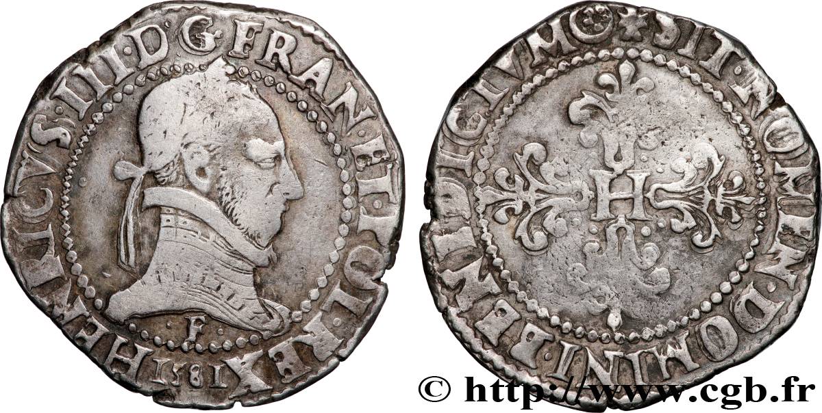 HENRI III Franc au col plat 1581 Angers TB+