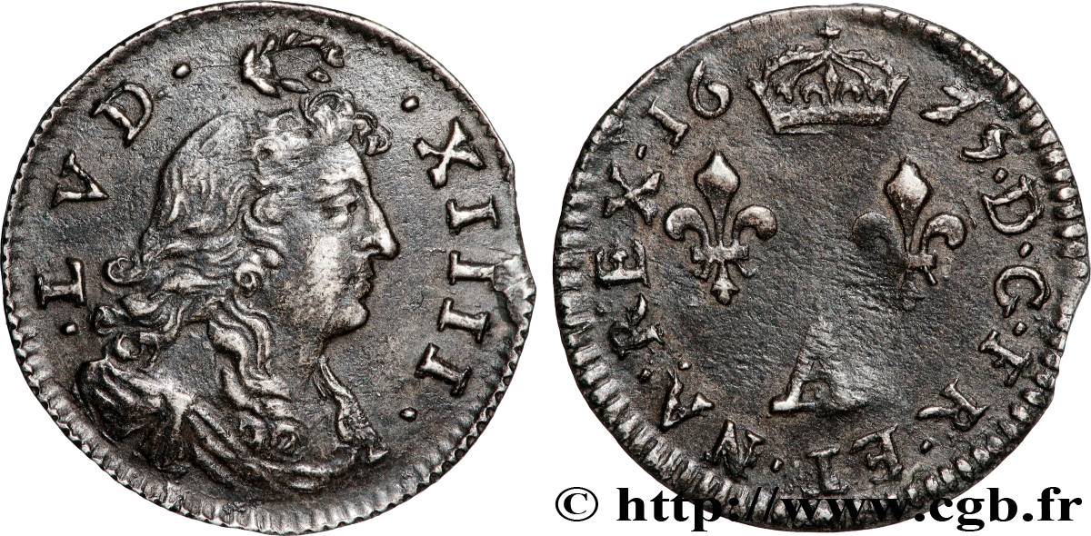LOUIS XIV  THE SUN KING  Deux sols aux deux lis sous couronne 1675 Paris AU/XF